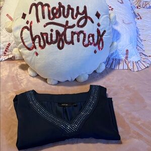 Apt. 9 Navy Blouse High Low Style with Embellished Beaded V-Neck Size L